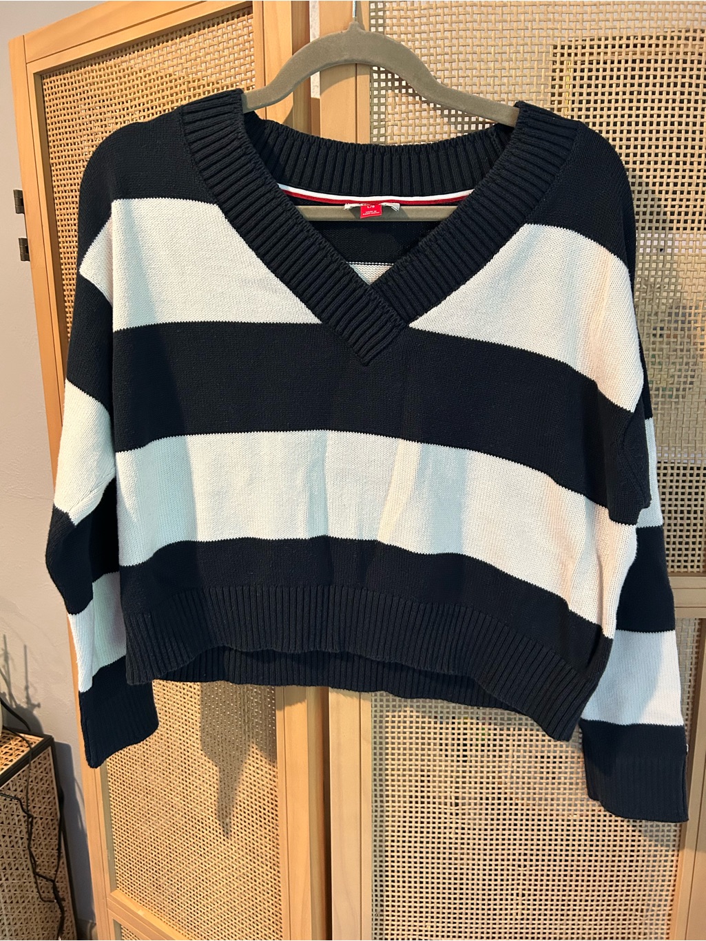 Tommy Jeans Navy White Striped V-Neck Cotton Sweater Oversized Knit Large